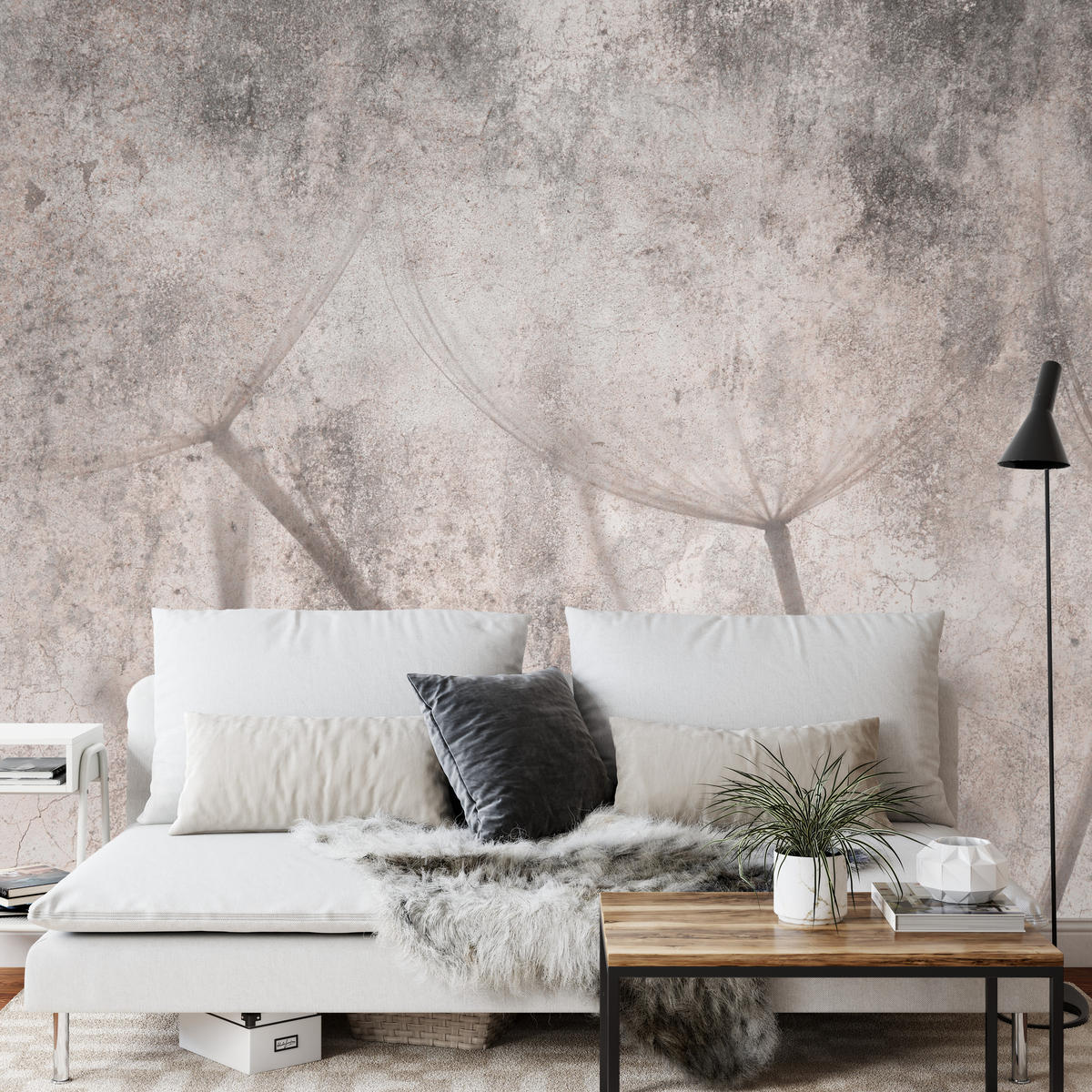 FOTOTAPETE für Schlafzimmer Retro Löwenzahn Beton Beige Minimalistisch 300x210 - Beige/Braun, Papier (300/210cm) - Muralo