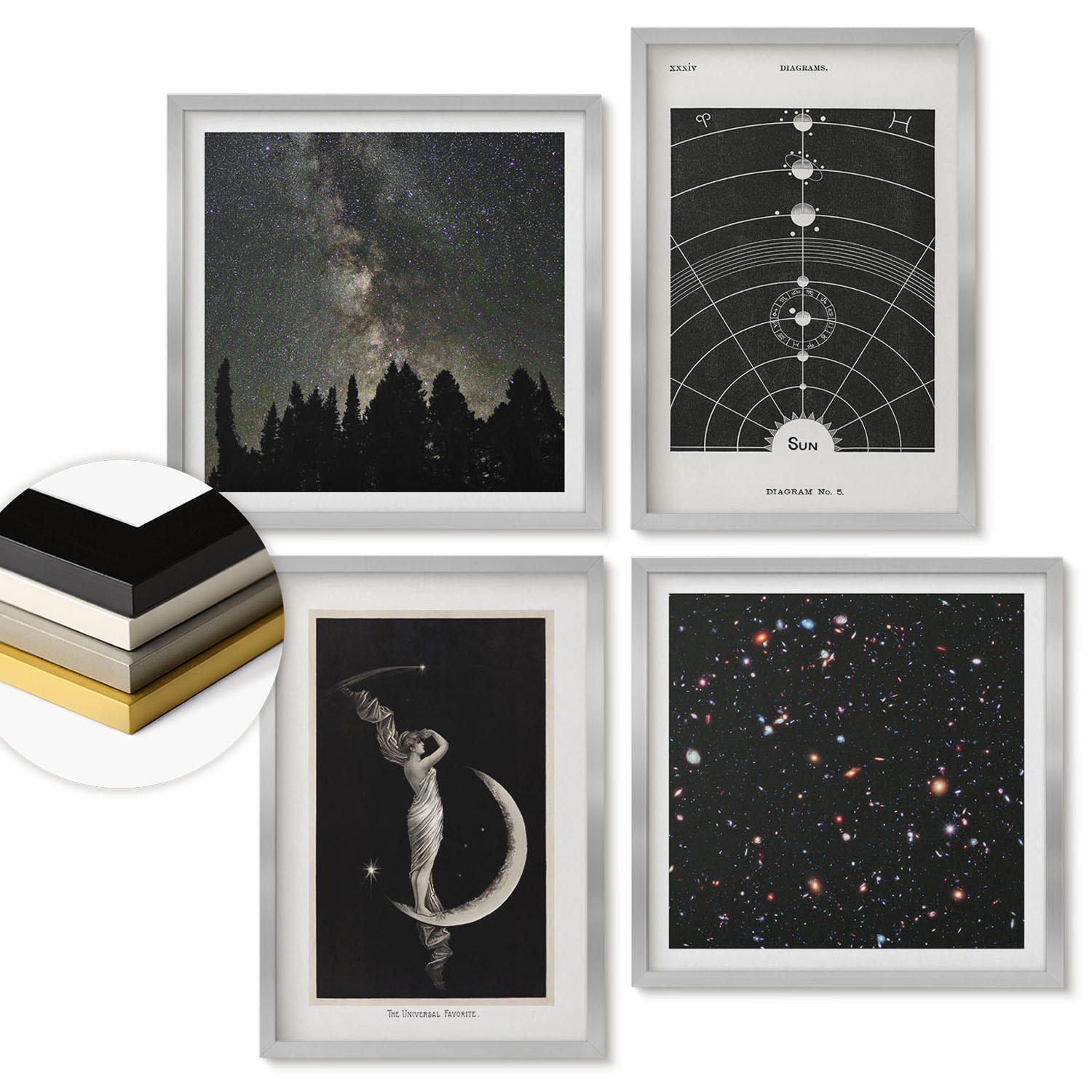 WANDBILDER 4er Set - 50x50 cm & 40x60 cm Silberner Rahmen - Galaxie im Sonnensystem - Silberfarben, Kunststoff (50/50cm) - ArtPrintCave