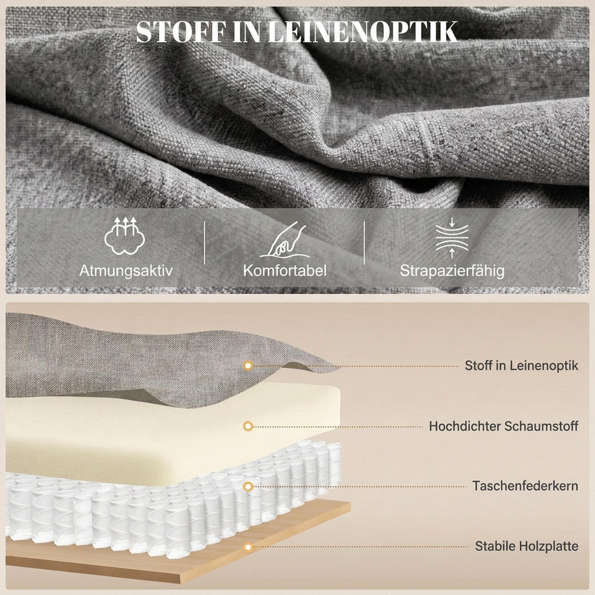 RELAXSESSEL Polyester Hellgrau - Beige/Hellgrau, Textil/Metall (87/108/87.5cm) - HOMCOM