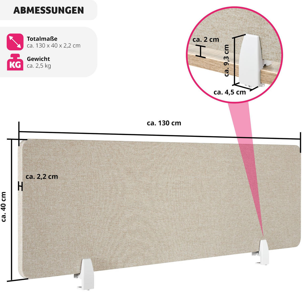 TRENNWAND für Schreibtisch Noisy,inkl. 2 Befestigungsklemmen,beige - Beige, Kunststoff (2.2/130/40cm) - tectake