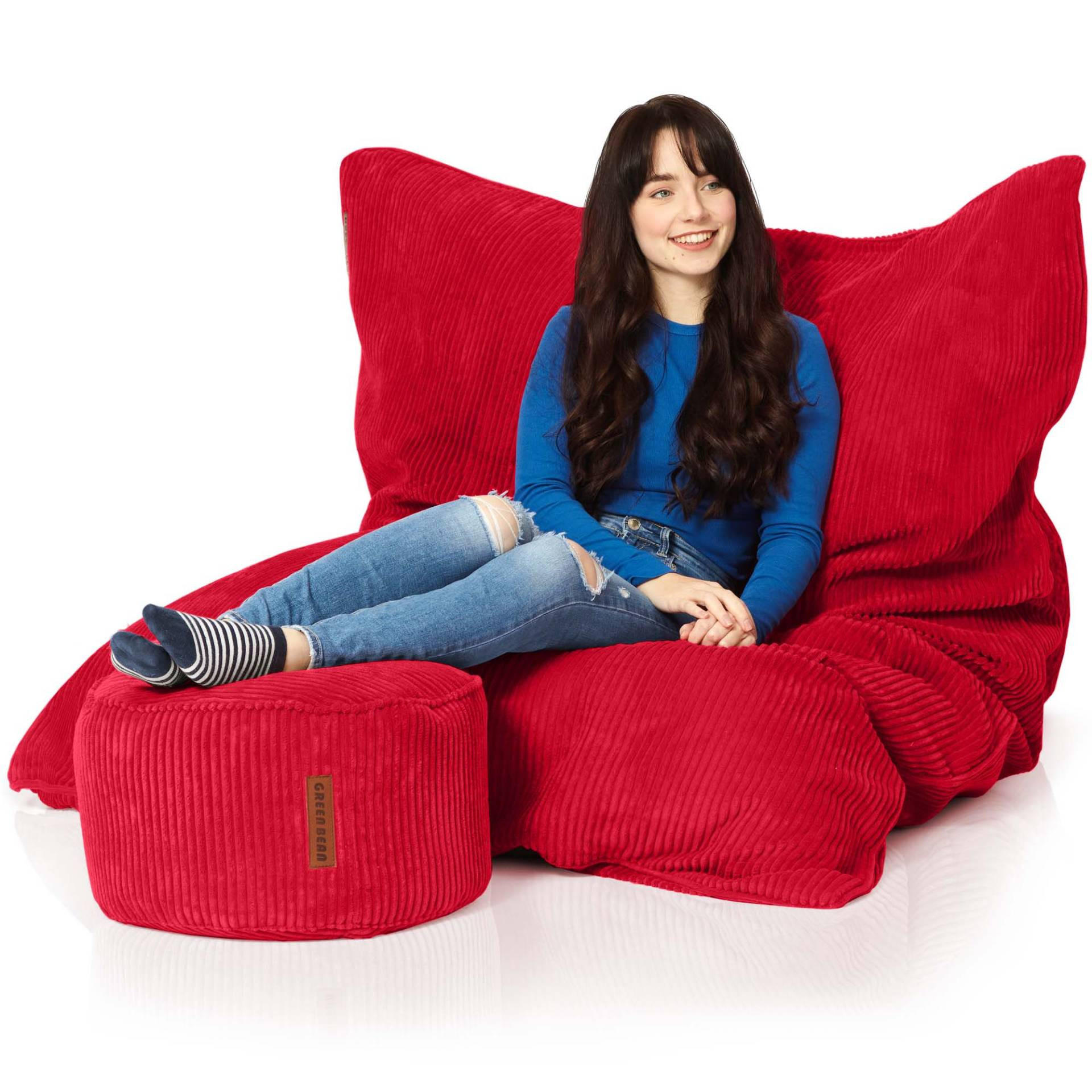 SITZSACK XXL "Square" + Pouf aus Cord - Rot, Textil (140/25/180cm) - Green Bean
