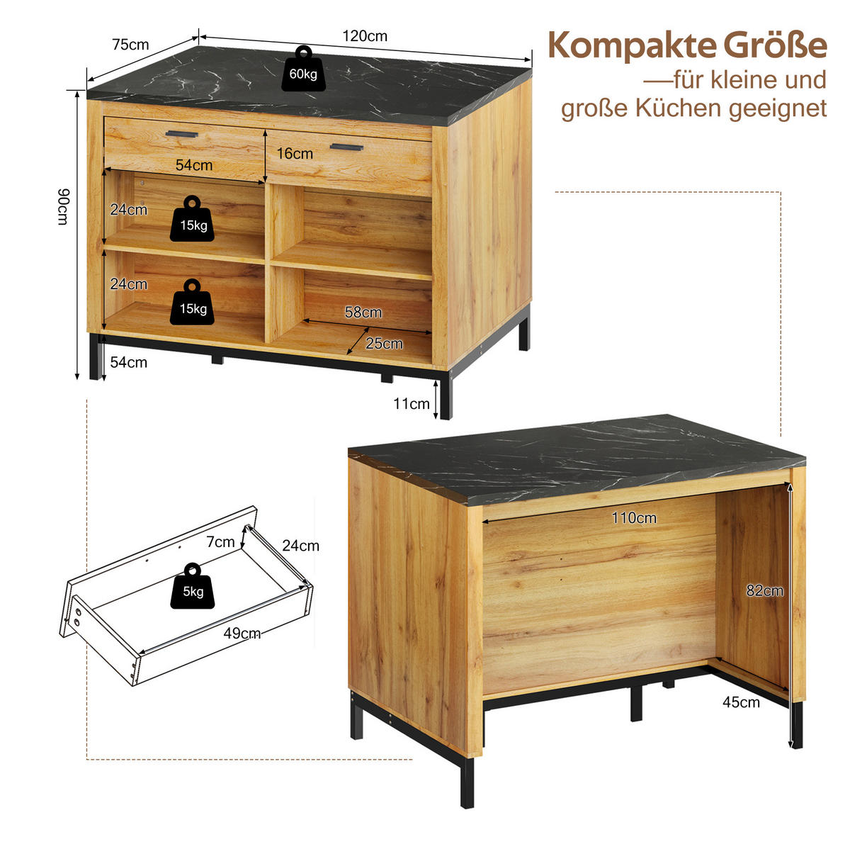 KÜCHENINSEL 120x75x90cm Holzfarbe Marmor mit Schubladen & Barhockerbereich - Naturfarben, Holzwerkstoff (120/90/75cm) - Modfu