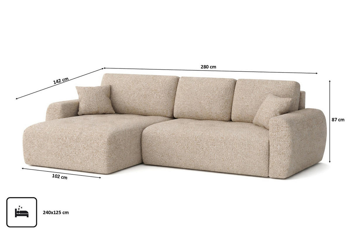 ECKSOFA Mit Schlaffunktion Und Bettkasten L-Form Ivo XL, Chenille-Stoff Artico, Beige, Links - Beige, Holz (280/142cm) - Kaiser Möbel