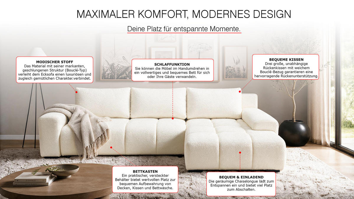 ECKSOFA Ovia mit Bettkasten und Schlaffunktion, Bouclé-Stoff in L-Form - Beige, Textil (270/185cm)