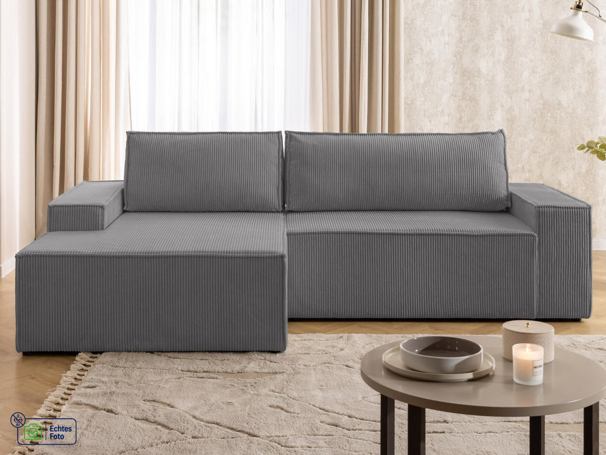 ECKSOFA Rivio mit Schlaffunktion und Bettkasten, Cordstoff Grau - Schwarz/Grau, Holz/Kunststoff (149/262cm) - S-Style