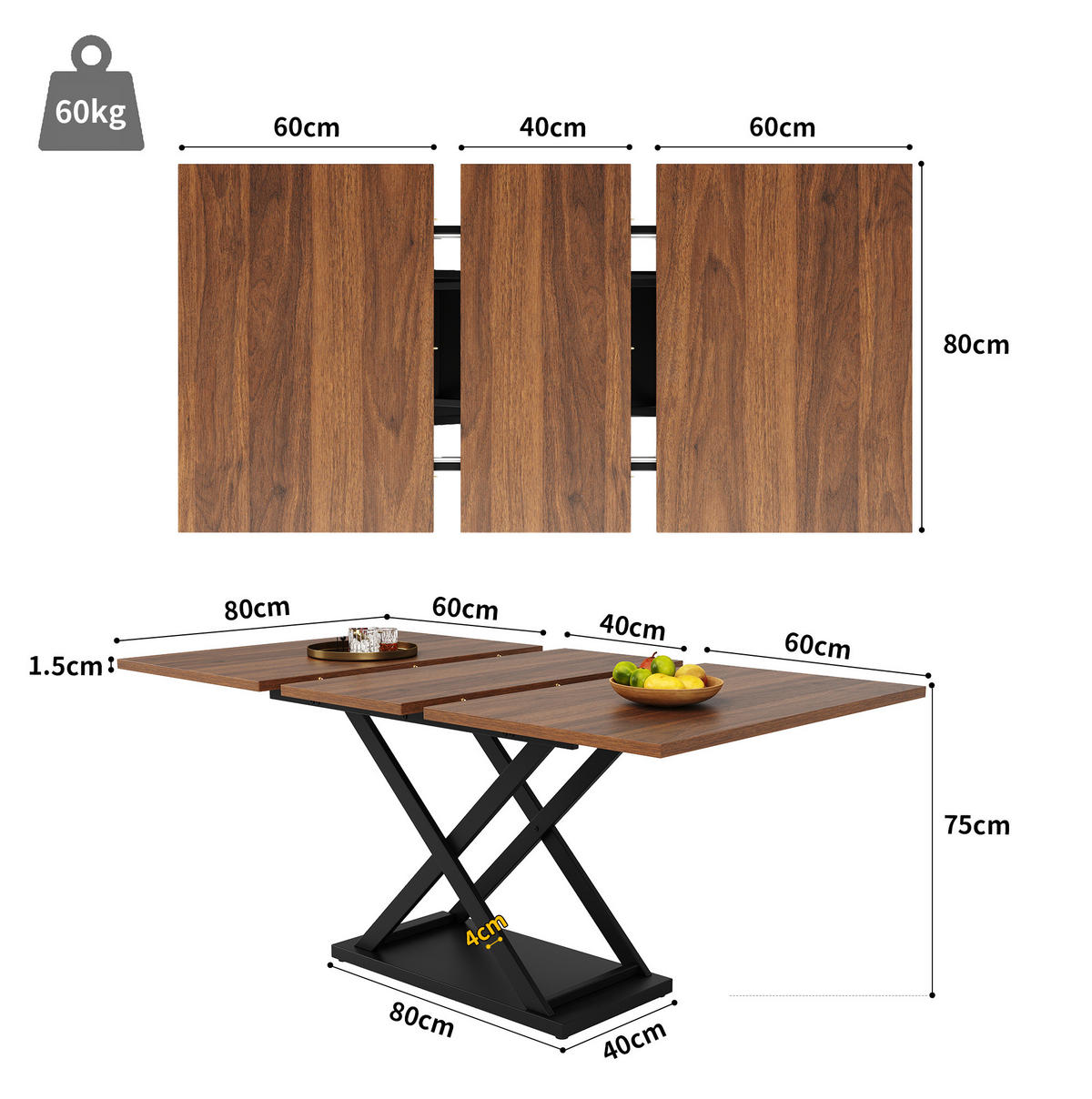 ESSTISCH 120-160/80/75 cm in Walnussfarben mit Ausziehfunktion und Kreuzgestell - Walnussfarben, Holzwerkstoff (160/80/75cm) - Flora Grace