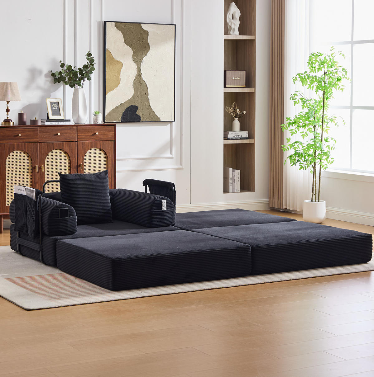 SOFA modular mit Hocker 112x190 cm Cord Black - Schwarz, Kunststoff (190/67/112cm) - Meubliv