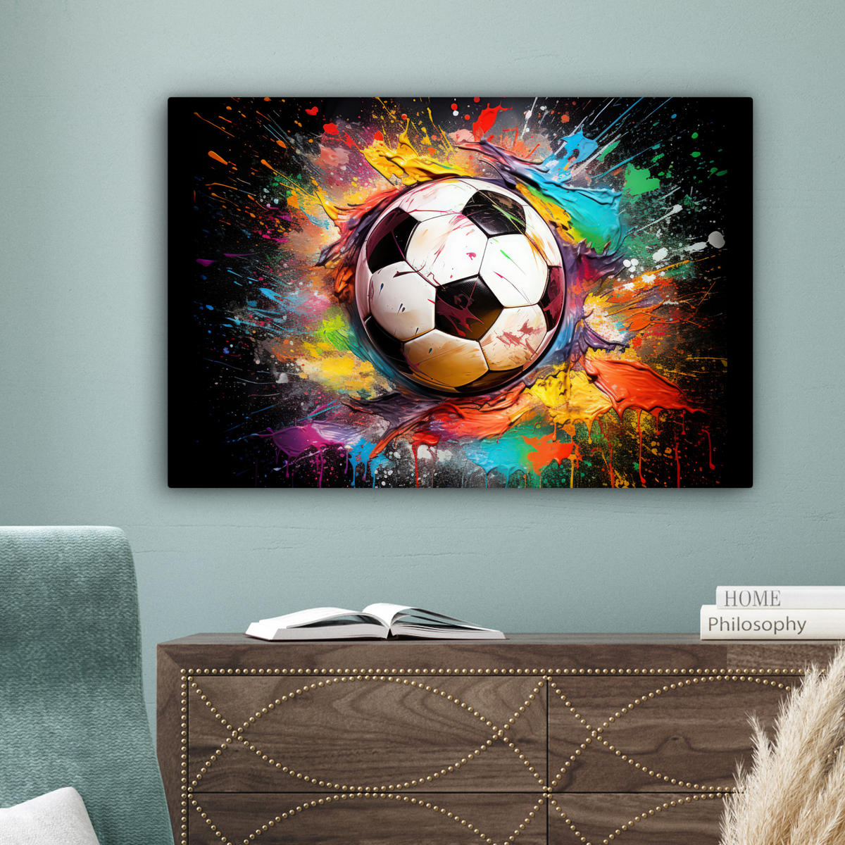 LEINWANDBILD Fußball - Farbe - Farben - Schwarz - Weiß XXL 150x100 cm - Weiß, Textil (150/100cm) - MuchoWow