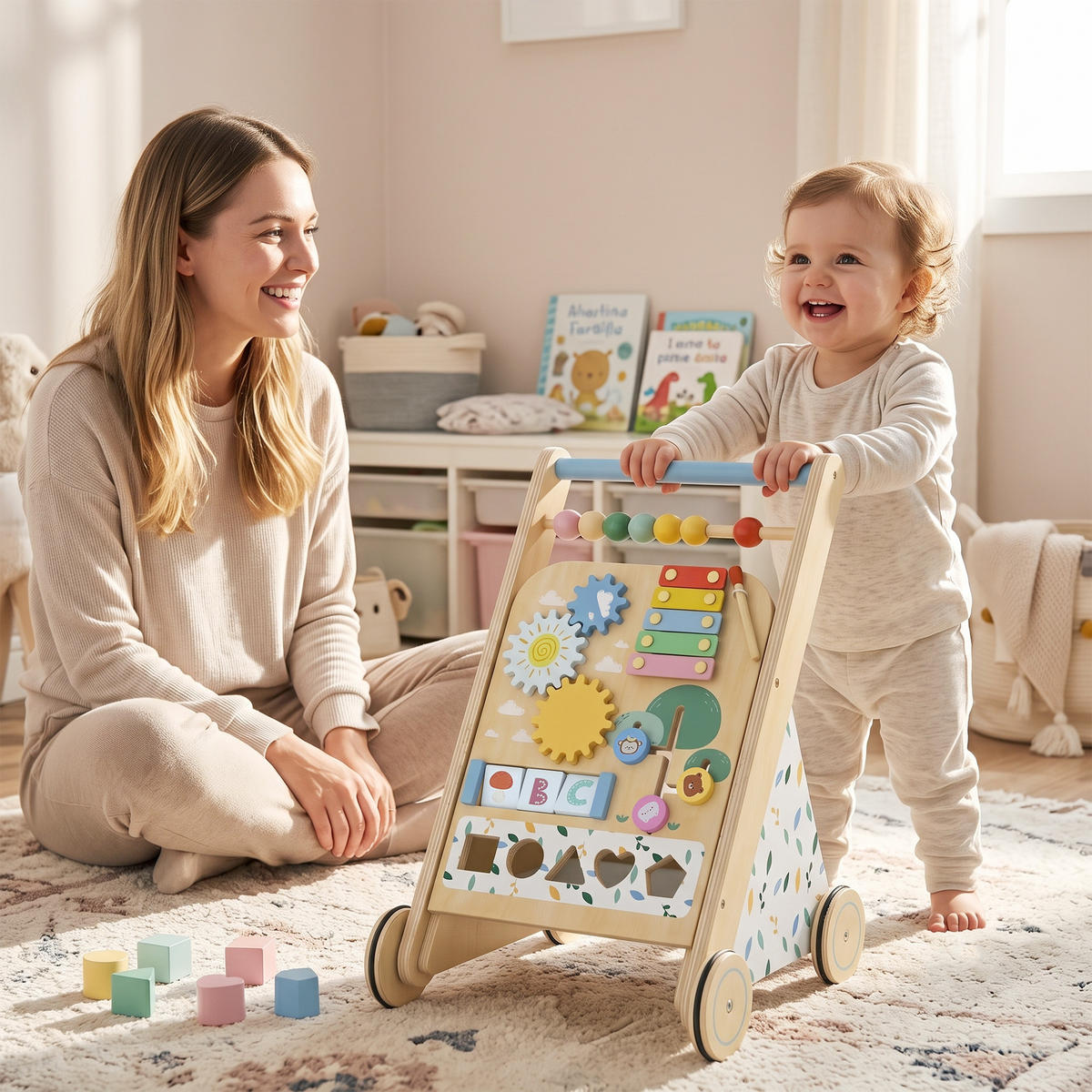 BABY-LAUFLERNWAGEN Mehrschichtplatte Kautschukholz Naturholz Weiß - Naturfarben, Holz (32.4/46/34.5cm) - AIYAPLAY