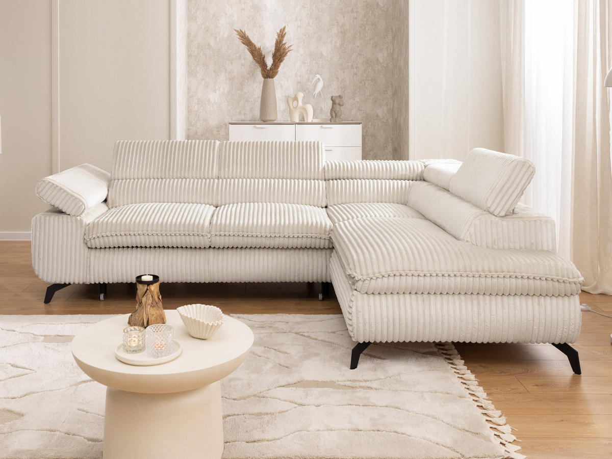 ECKSOFA mit Schlaffunktion und Bettkasten Bonnie aus Creme Cord-Stoff mit verstellbaren Kopfstützen und Armlehne - Ottomane rechts - Creme/Schwarz, Holz/Textil (275/210cm) - S-Style Möbel