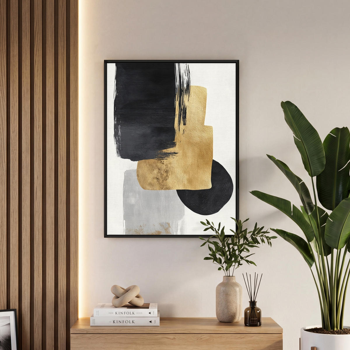 LEINWAND Bilder mit Rahmen - Gold - Rechtecke - Kreise - Abstrakt - 60x80 - Weiß, Textil (60/80cm) - MuchoWow