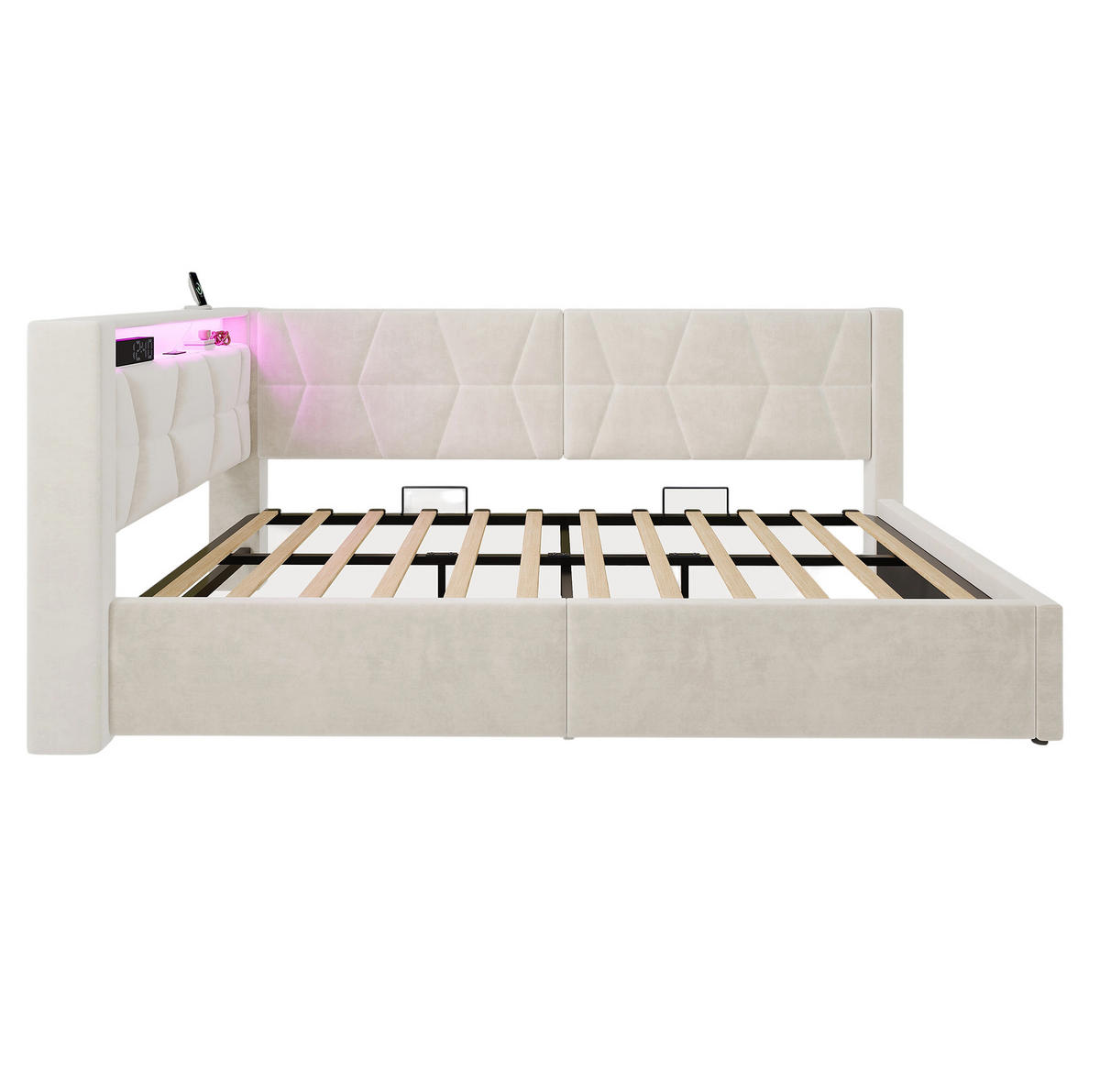 POLSTERBETT 90/200 cm in Beige mit Stauraum, LED-Beleuchtung und USB-Anschlüssen - Beige, Metall (90/200cm) - Flora Grace
