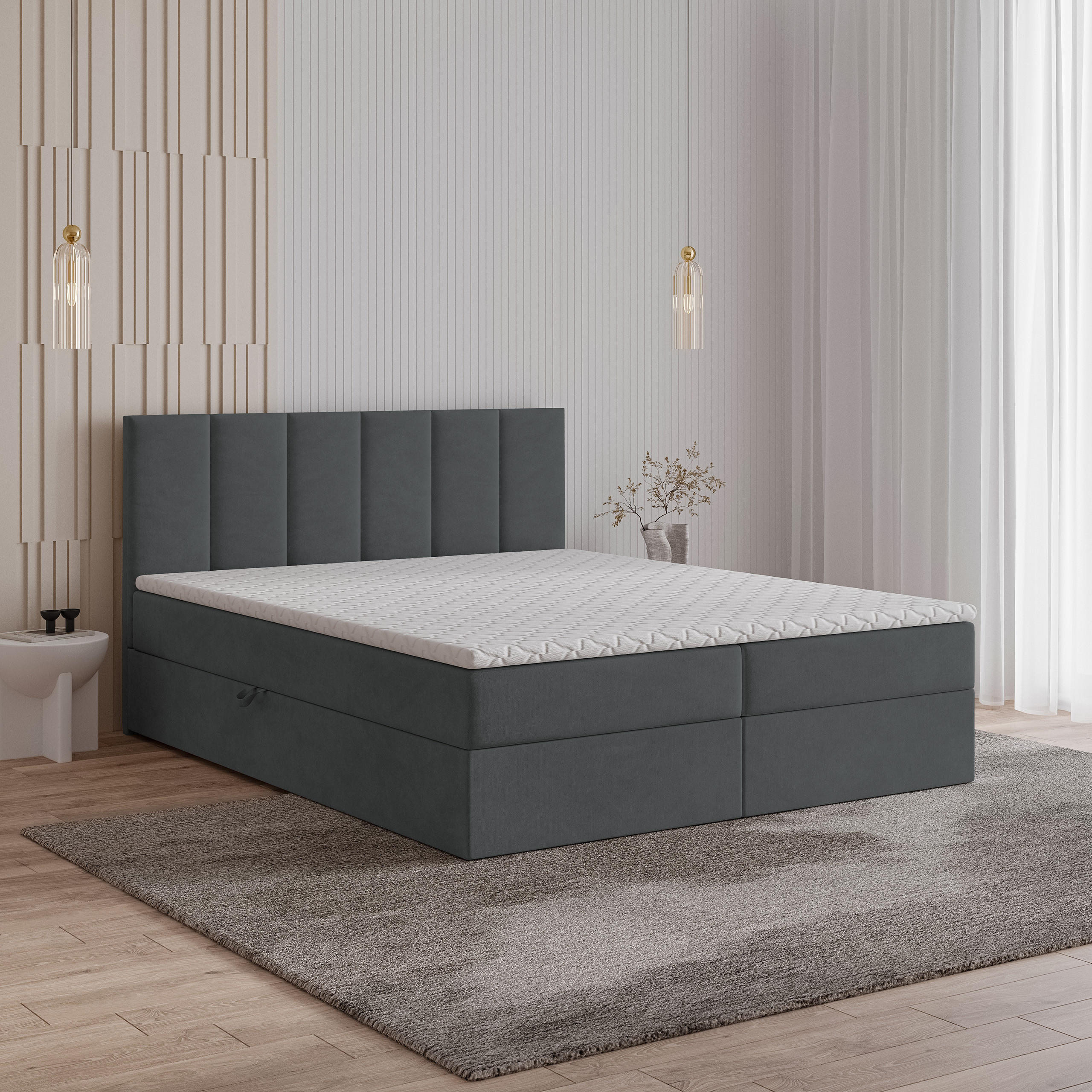 BOXBETT MERIL 140x200 cm mit Matratze und Topper - Graphitfarben - Graphitfarben, Holz (140/200cm) - MASSENO