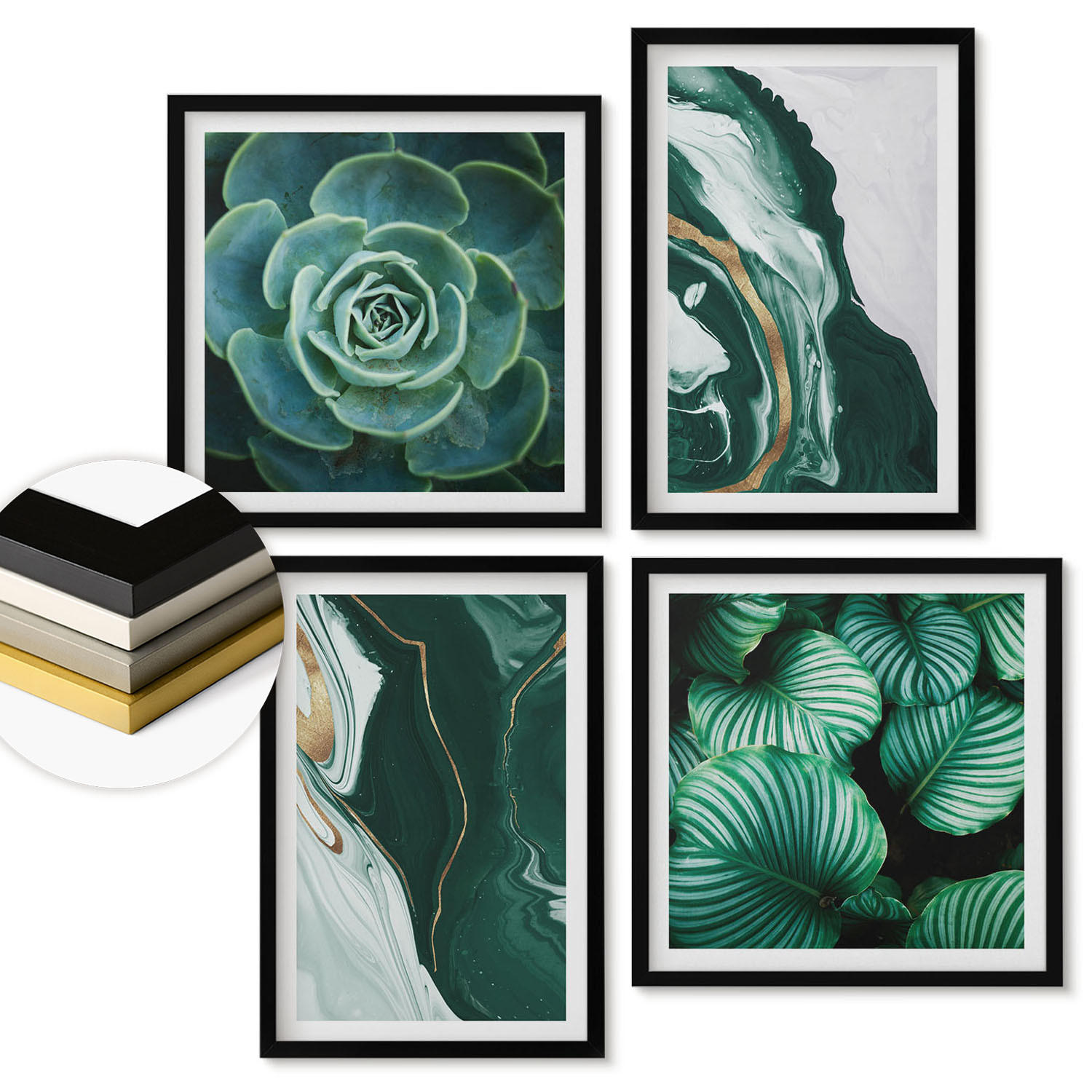 WANDBILDER 4er-Set - 50x50 cm & 40x60 cm Schwarzer Rahmen - Abstrakte Muster von Sukkulentenblättern - Schwarz, Kunststoff (50/50cm) - ArtPrintCave