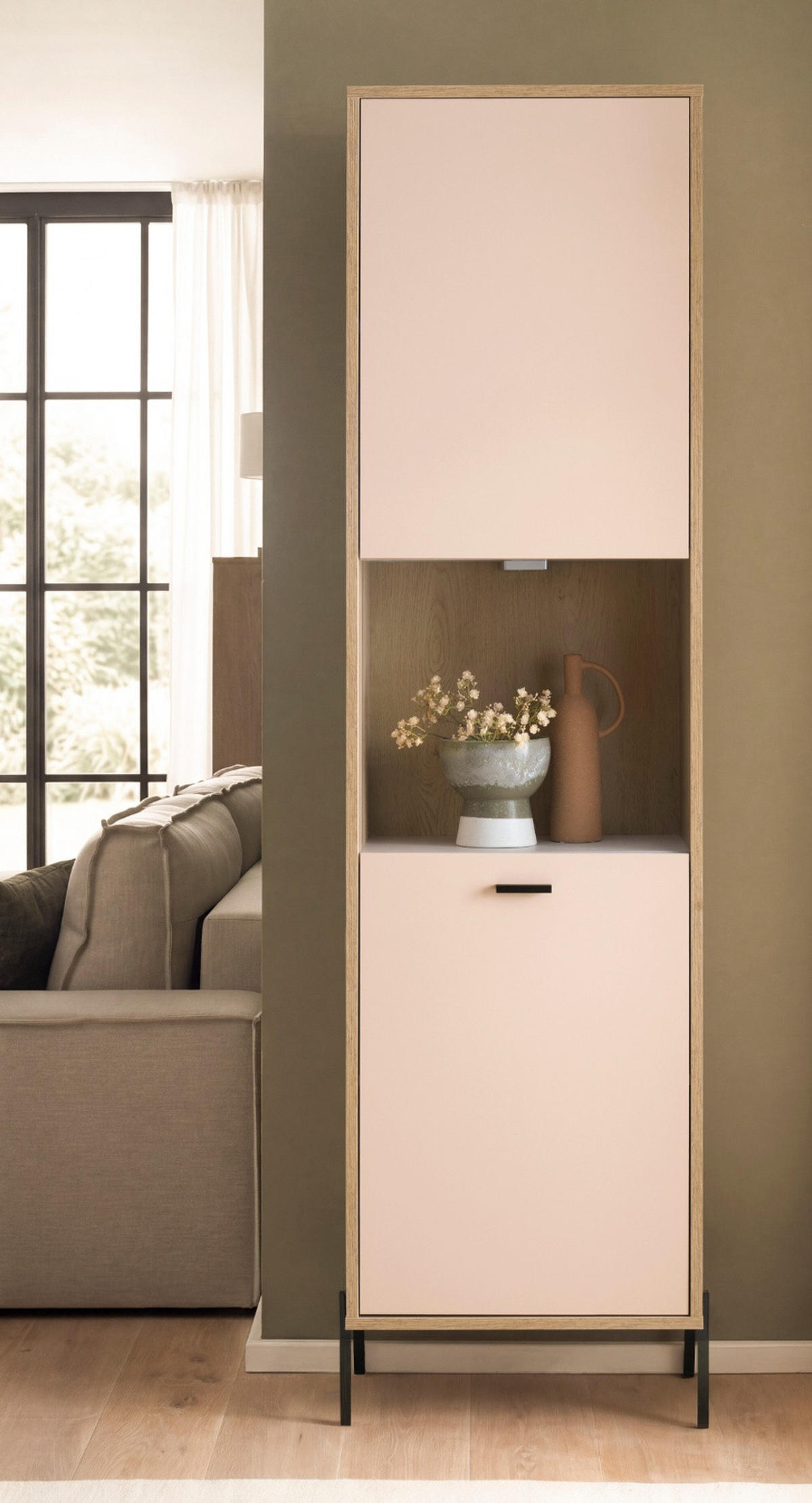 VITRINE Kaschmir, Eiche 54 x 204 cm, VITRINEnschrank mit Soft-Close - Kaschmir/Eichefarben, Glas/Holzwerkstoff (54/204/35cm) - Furn.Design