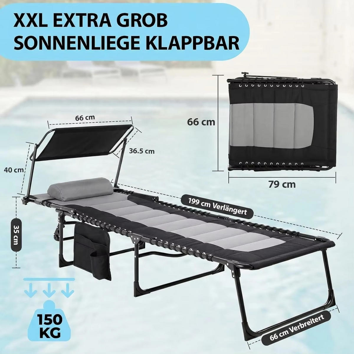 LIEGESTUHL klappbar 360° Sonnendach 5-fach Rückenlehne Seitentasche - Schwarz, Metall (66/35/199cm) - Kaket