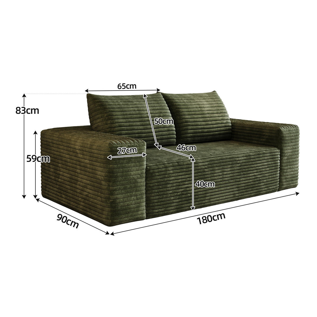 2-SITZER-SOFA DE-34704 Boneless-Modul Grün - Grün, Textil (90/83/180cm) - ComfortXL