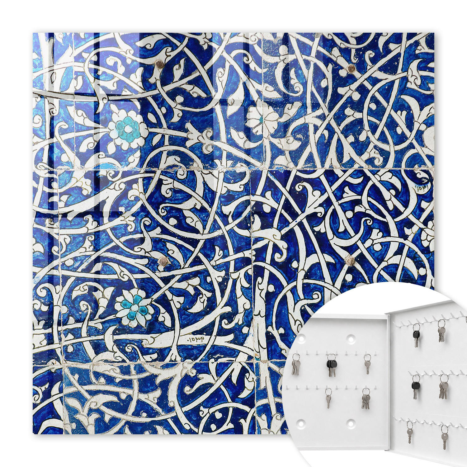 SCHLÜSSELBOX Weiß 30x30 cm – Türöffnung nach rechts - Blaue Arabeske - Blau, Metall (30/30/5cm) - TULUP