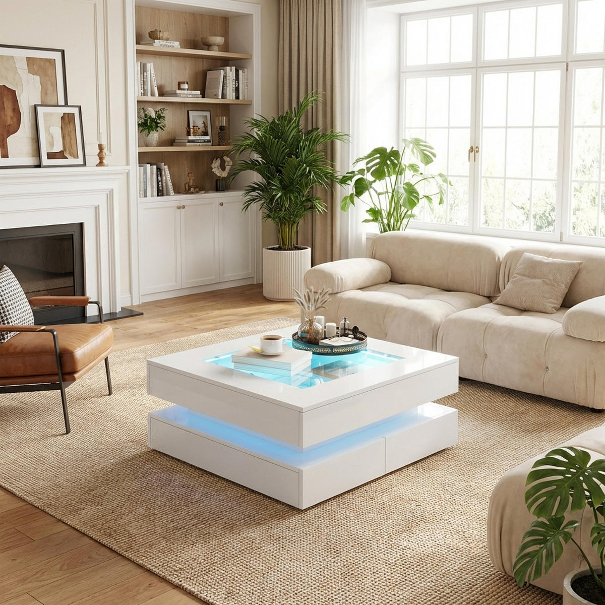 COUCHTISCH 70x70 cm Weiß Hochglanz mit Glasplatte & LED - Weiß, Holzwerkstoff (70/70/35cm) - Urban Meuble