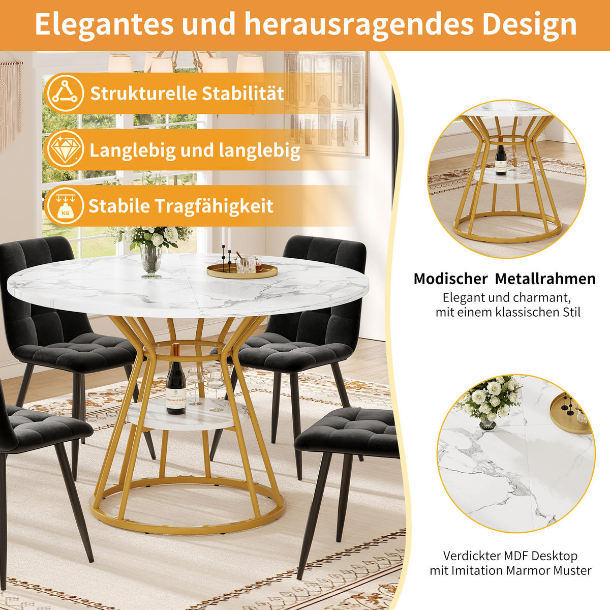 ESSTISCH, MDF in Marmoroptik mit Ablagefläche & Metallgestell, Ø 100/76 cm, Gold - Goldfarben, Holzwerkstoff (100/100/76cm) - Redom