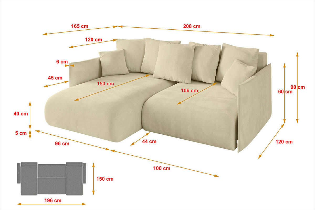 ECKSOFA mit Schlaffunktion und Bettkasten ONESK-L 208x165x40 Beige Velours - Beige, Holzwerkstoff/Kunststoff (208/165cm) - ALTDECOR