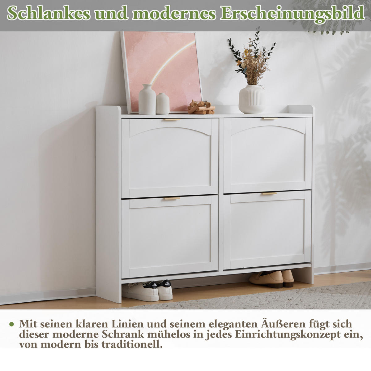 SCHUHSCHRANK 110/24/90 cm in Weiß mit 4 Klappenfächern und offenen Ablagen - Weiß, Holzwerkstoff (110/90/24cm) - Flora Grace