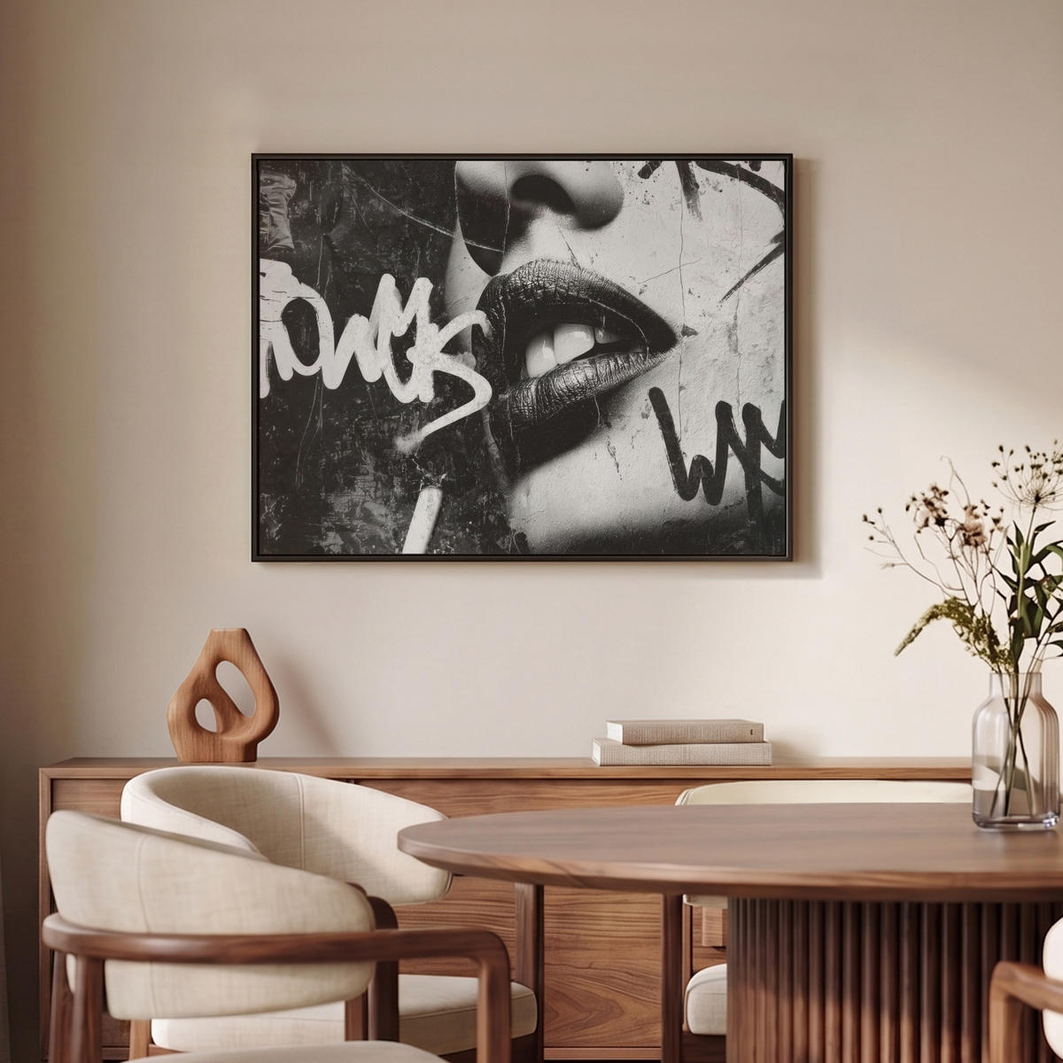 LEINWAND Bilder mit Rahmen - Gesicht - Mund - Graffiti - Schwarz - 70x50 - Schwarz, Textil (70/50cm) - MuchoWow