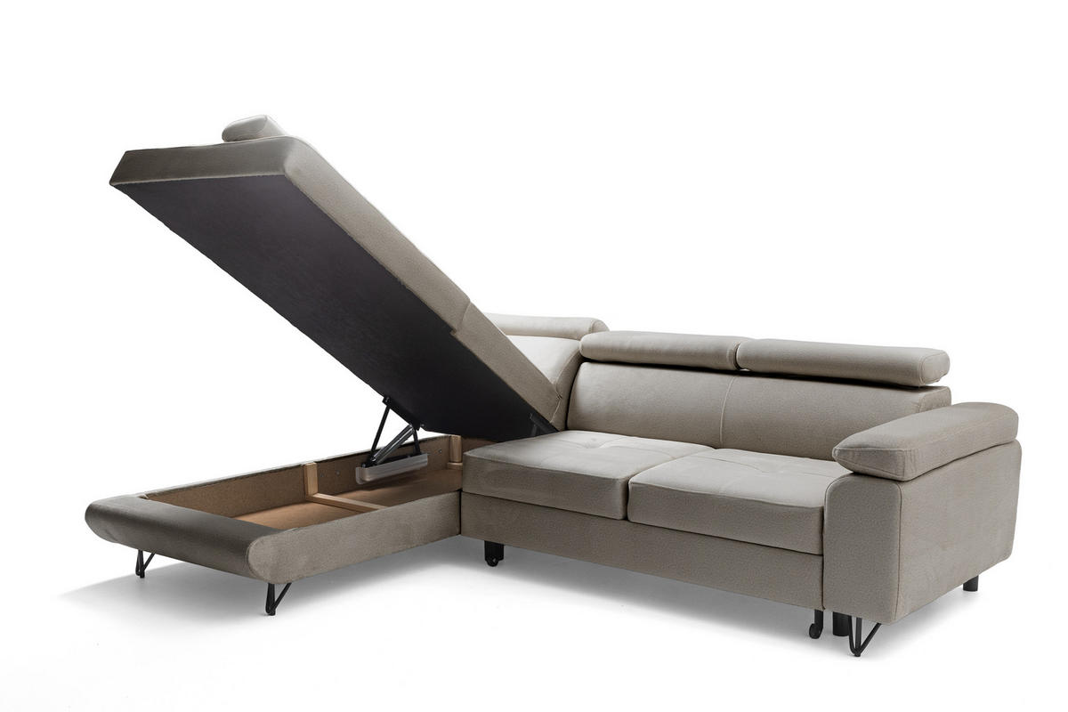 ECKSOFA JUNIOR L Links mit Schlaffunktion 194x128 Velours Beige - Beige/Schwarz, Holz/Textil (249/184cm) - Muffo