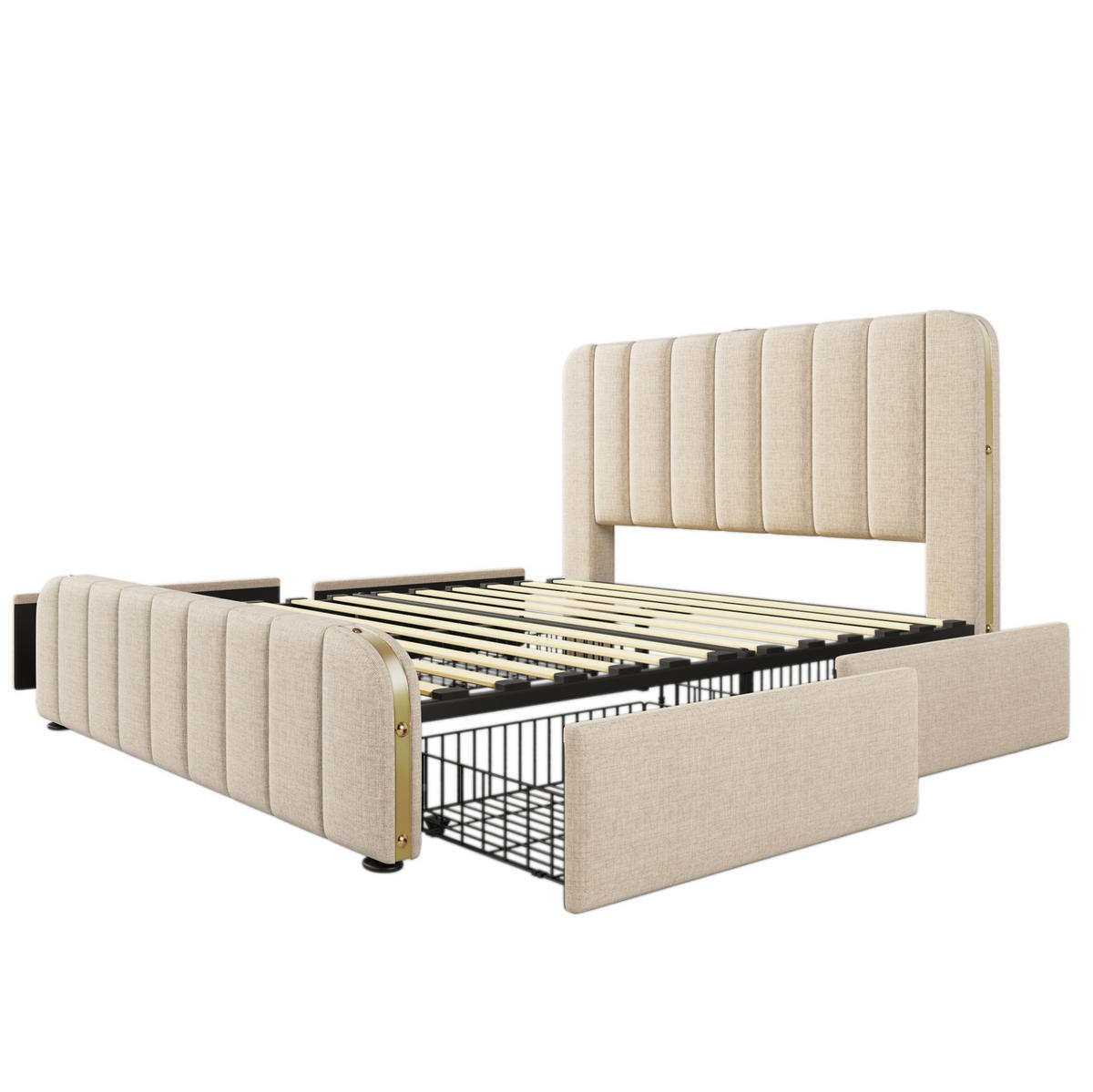 ČALOUNĚNÁ postel, 160/200 cm, béžová lněná, s matrací, 4 zásuvkami a USB/USB-C - béžová, textil (160/200cm) - BEAOK