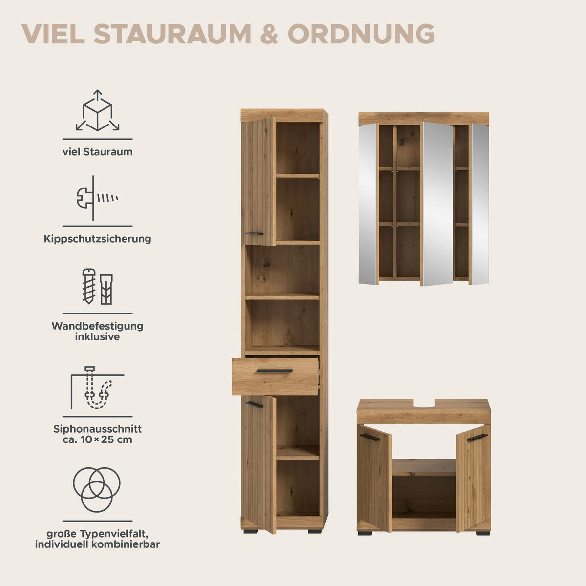 BADEZIMMER Vento 3-tlg. (B/H/T: ca. 112/191/34 cm) in Artisan Eiche /Artisan Eiche - Eiche Artisan, Holz (112/191/34cm)