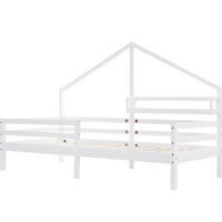 POSTELJA v obliki hiše 90/200 cm bela z zaščitno ograjo in zadnjo polico iz bora - bela, leseni material (90/200cm) - OKWISH