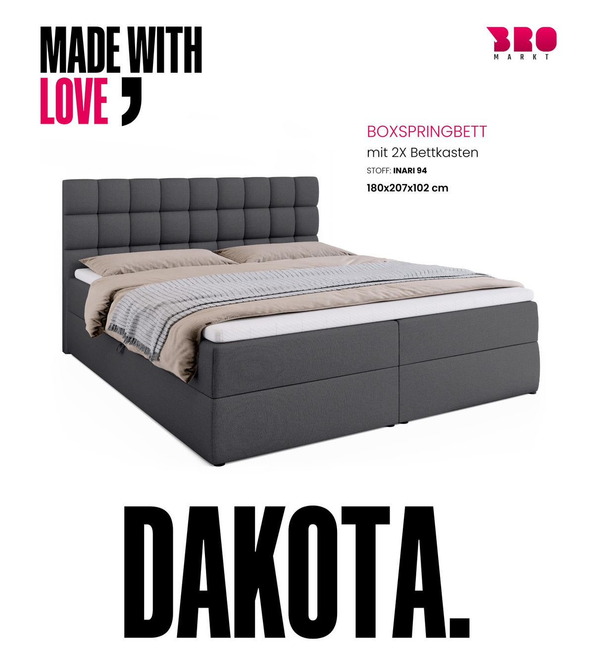 BOXBETT Dakota mit Topper 180/200 Dunkelgrau - Dunkelgrau, Textil (180/200cm) - Bromarkt