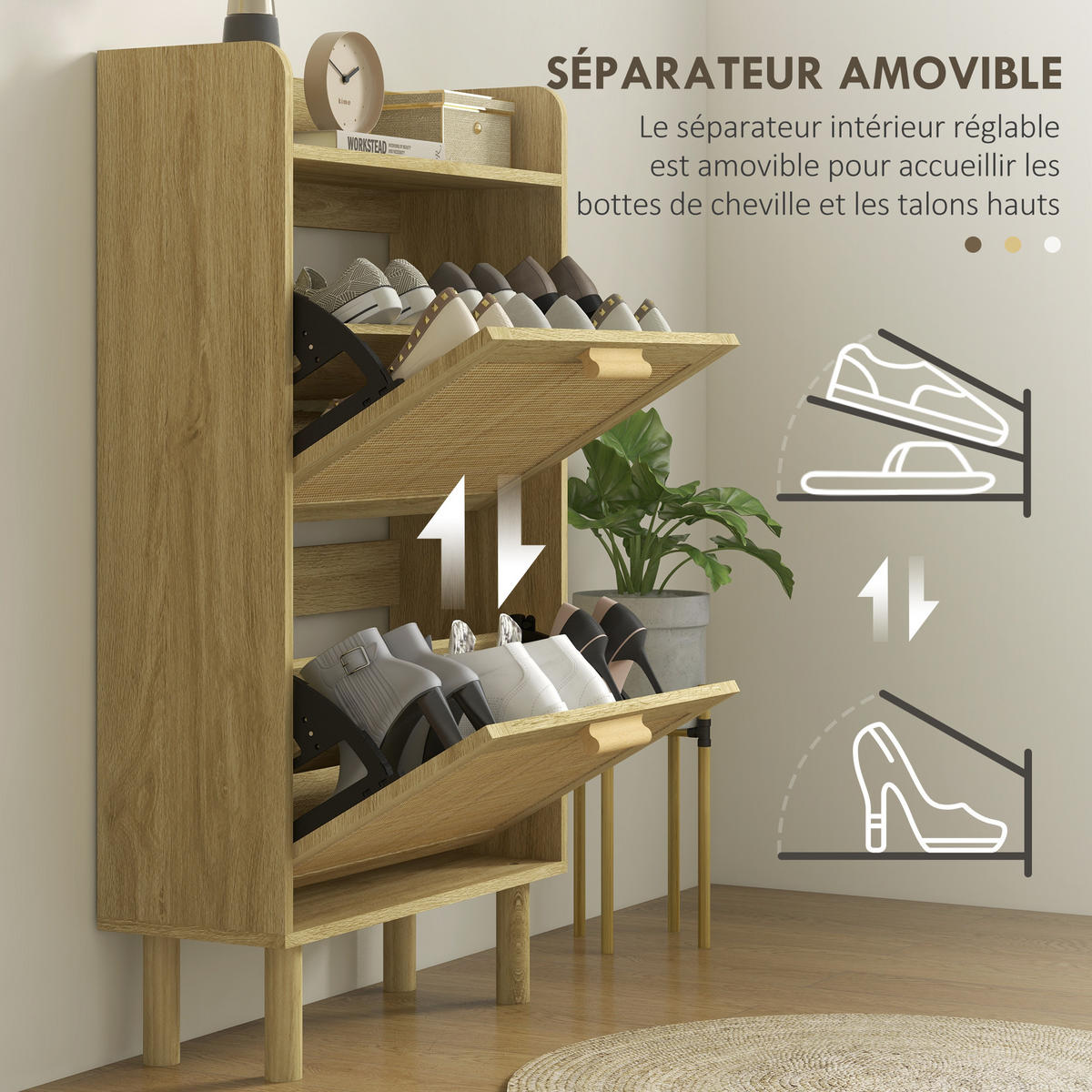 SCHUHSCHRANK DE-15001 2 Klapptüren mit geflochtener Resin-Optik Natur - Eichefarben, Holzwerkstoff (80/110/24.5cm) - ComfortXL