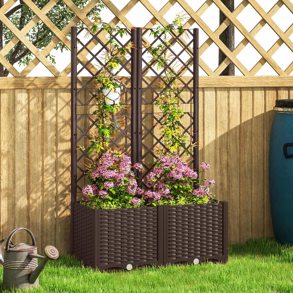 HOCHBEET DE-12209 mit Rankgitter 80/40/135 cm mit 6 Drainagelöchern Braun - Braun, Kunststoff (80/135/40cm) - ComfortXL