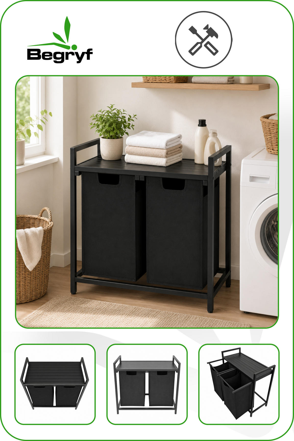 WÄSCHEKORB Metal MDF Stoff Schwarz 2 herausnehmbare Schwarz 92 Liter 73x33x71 cm - Schwarz, Metall (73/71/33cm) - Begryf