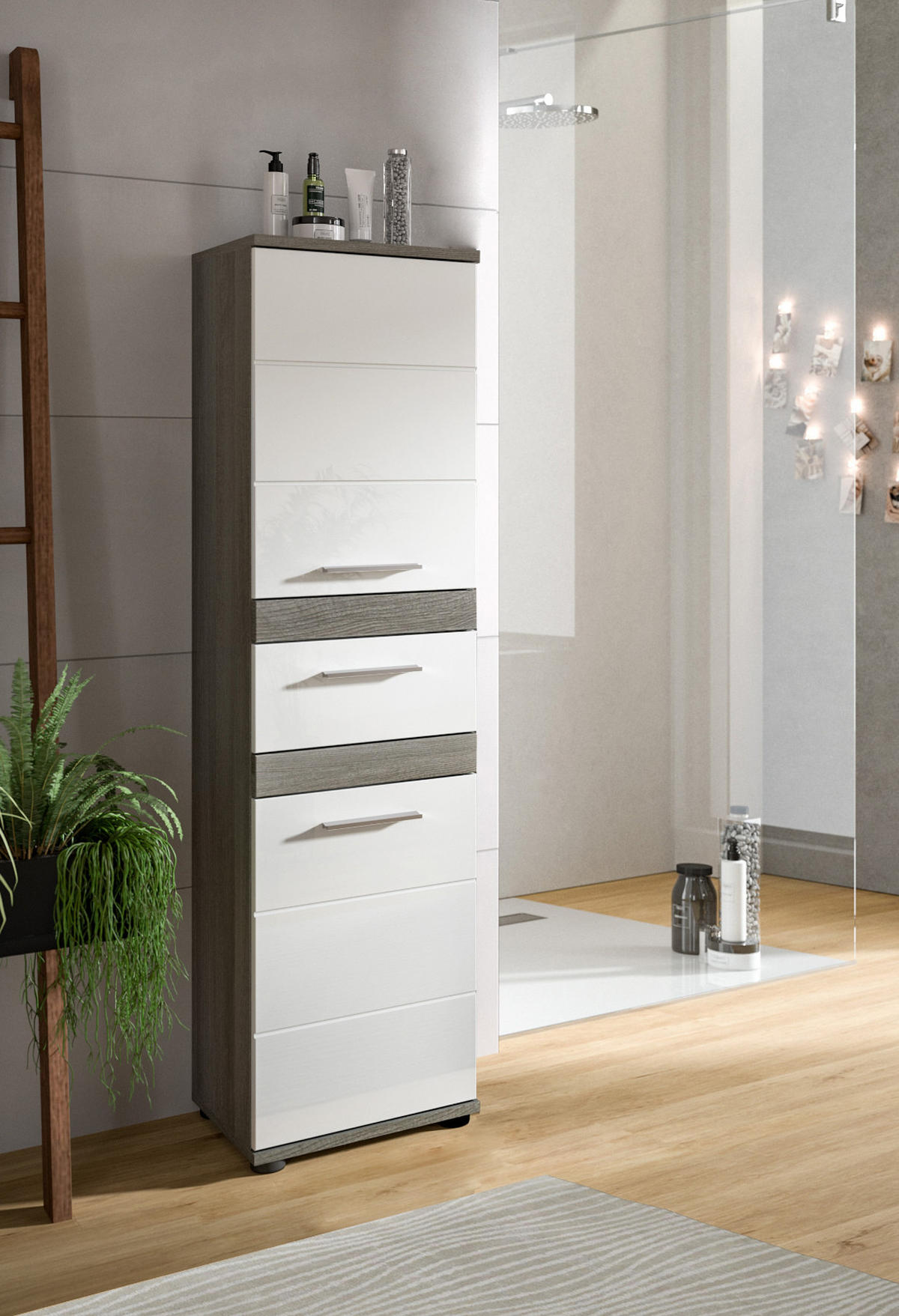 MIDISCHRANK weiß Hochglanz, grau 35 cm, Badschrank mit Schubkasten - Chromfarben/Weiß Hochglanz, Holzwerkstoff/Kunststoff (35/137/31cm) - Inn.Furn