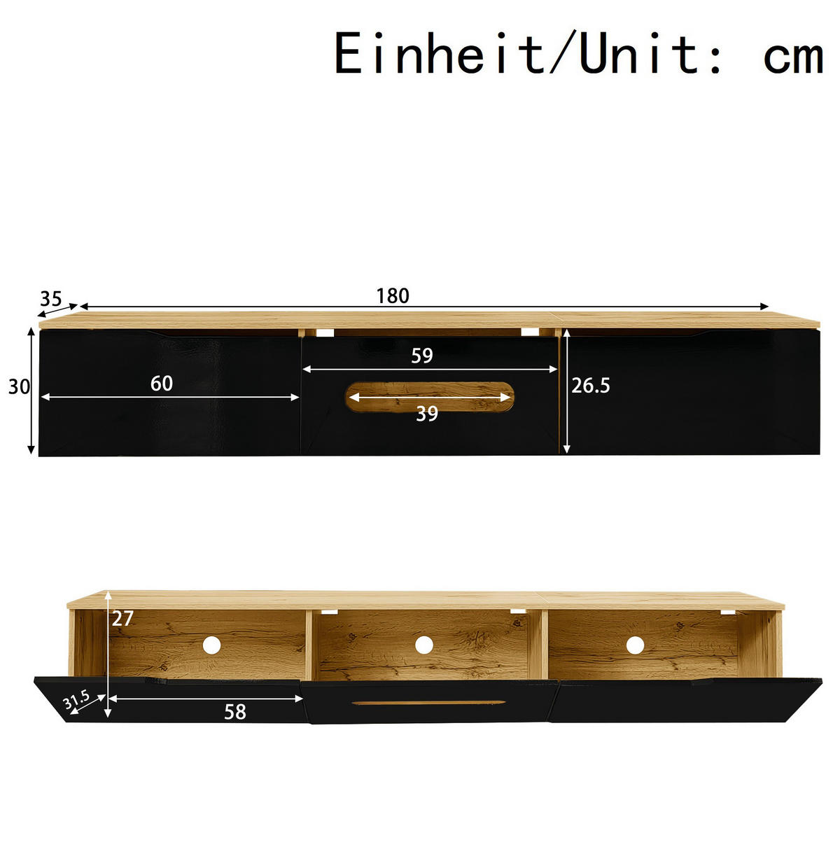 TV-LOWBOARD aus MDF und Spanplatte 180x35x30 cm Schwarz und Holzfarbe mit LED-Beleuchtung, Soft-Close und Wandmontage - Schwarz, Holzwerkstoff (180/30/35cm) - Modfu