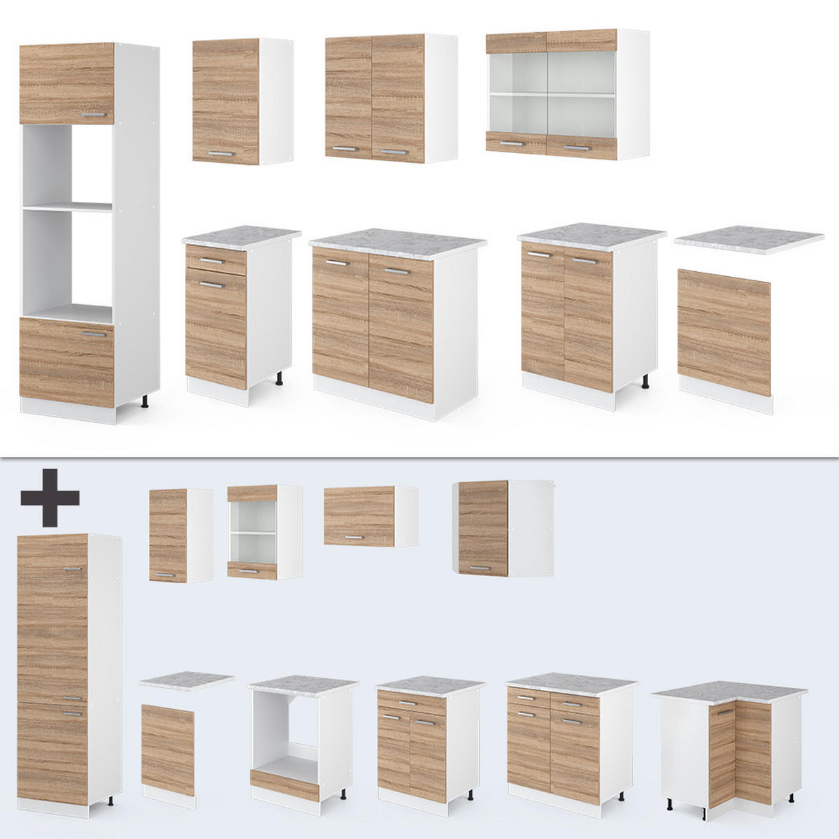 KÜCHENZEILE R-Line Sonoma/Weiß 300 cm mit Hochschrank, AP Eiche - Weiß/Sonoma Eiche, Holzwerkstoff (300/81.6/60cm) - Vicco