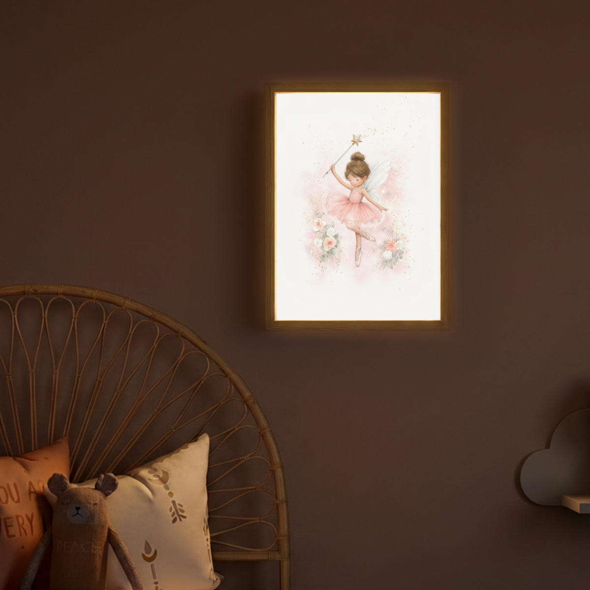 NÁSTĚNNÁ LAMPA S AKUMULÁTOREM Baletka - Víla - Květiny - Růžová 30x40 cm - růžová, kompozitní dřevo (30/40/8cm) - OnlyWow