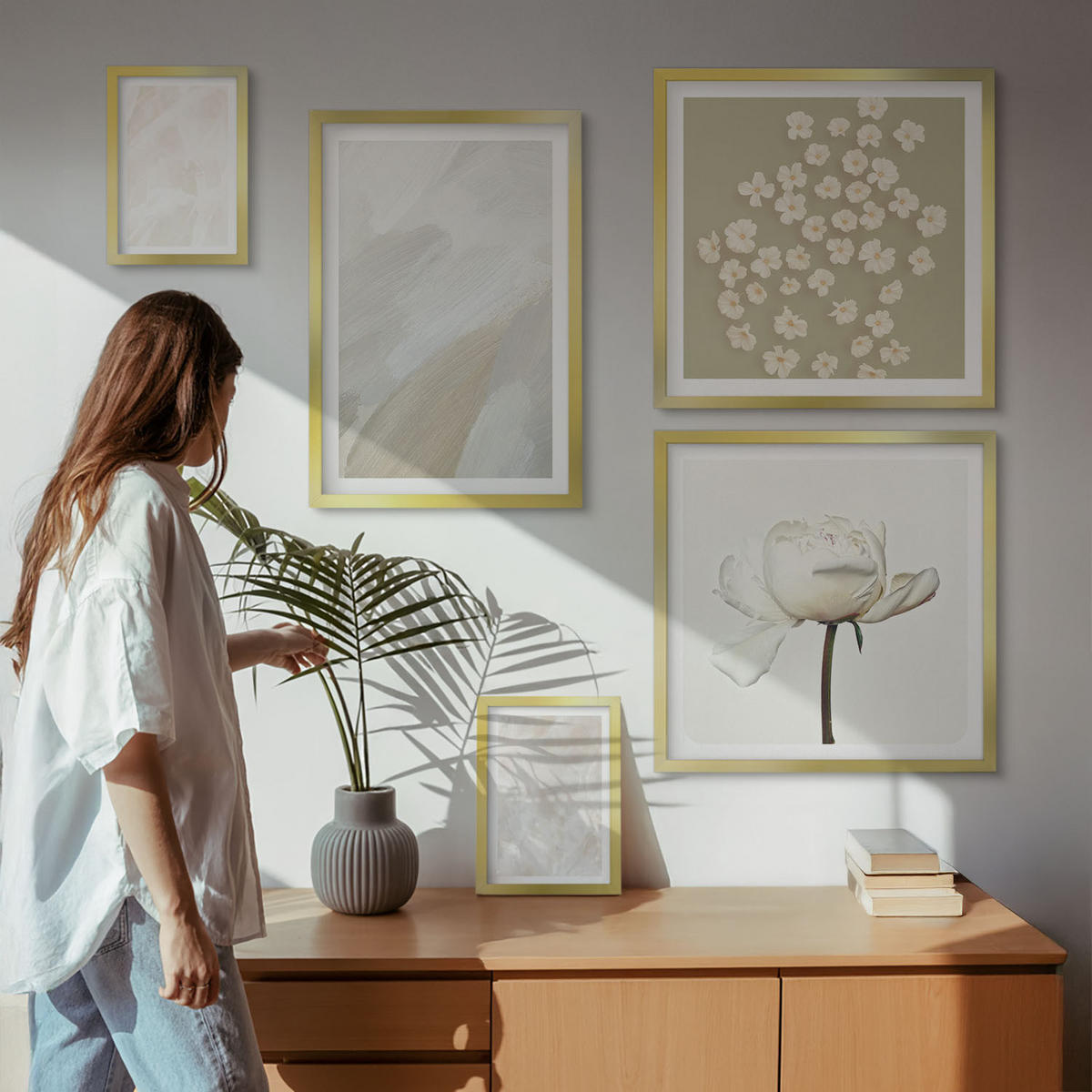 BILDER SET 5er Set - 50x50 cm & 20x30 cm & 40x60 cm Goldrahmen - Blumen, modische Boho-Texturen - Goldfarben, Kunststoff (40/60cm) - TULUP