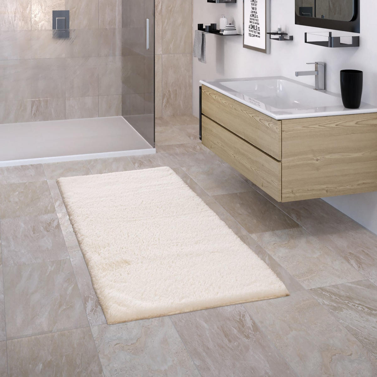 TEPPICH Hochflor Badezimmer waschmaschinenwaschbar Unifarben schmutzabweisend Creme Rechteckig 60x100 - Creme, Textil (100/60cm) - KADIMA DESIGN