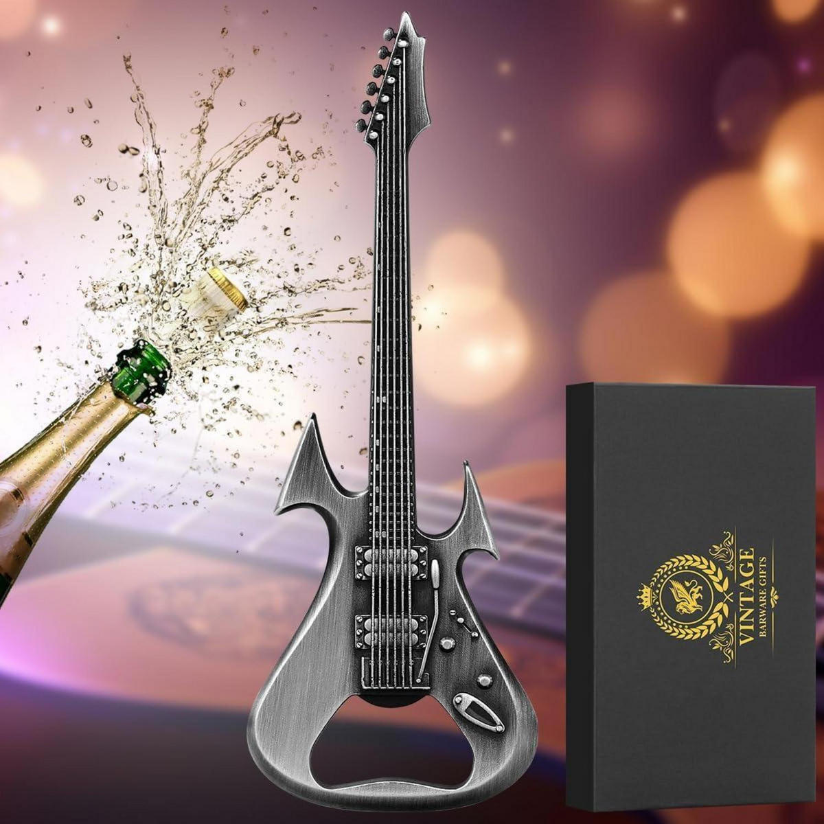 FLASCHENÖFFNER E-Gitarrenform Metall Silber mit Geschenkbox - Silberfarben, Metall (12.6cm)