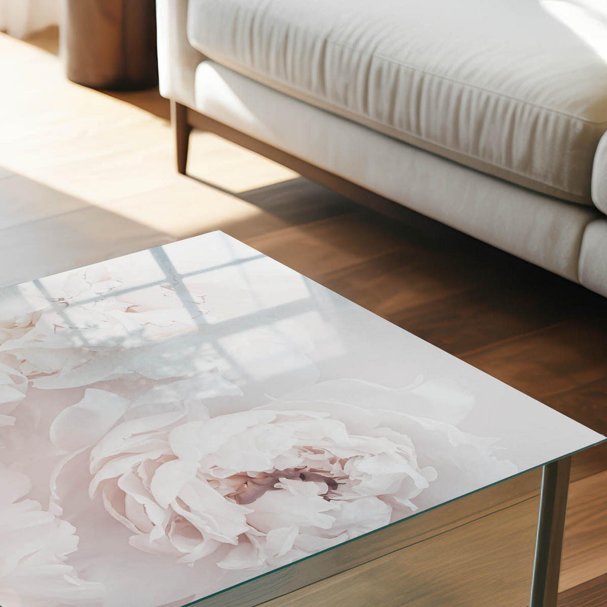 TISCHPLATTE 50x50 cm – Cremefarbene Pfingstrosen - Creme, Glas (50/50/0.4cm) - Wallfluent