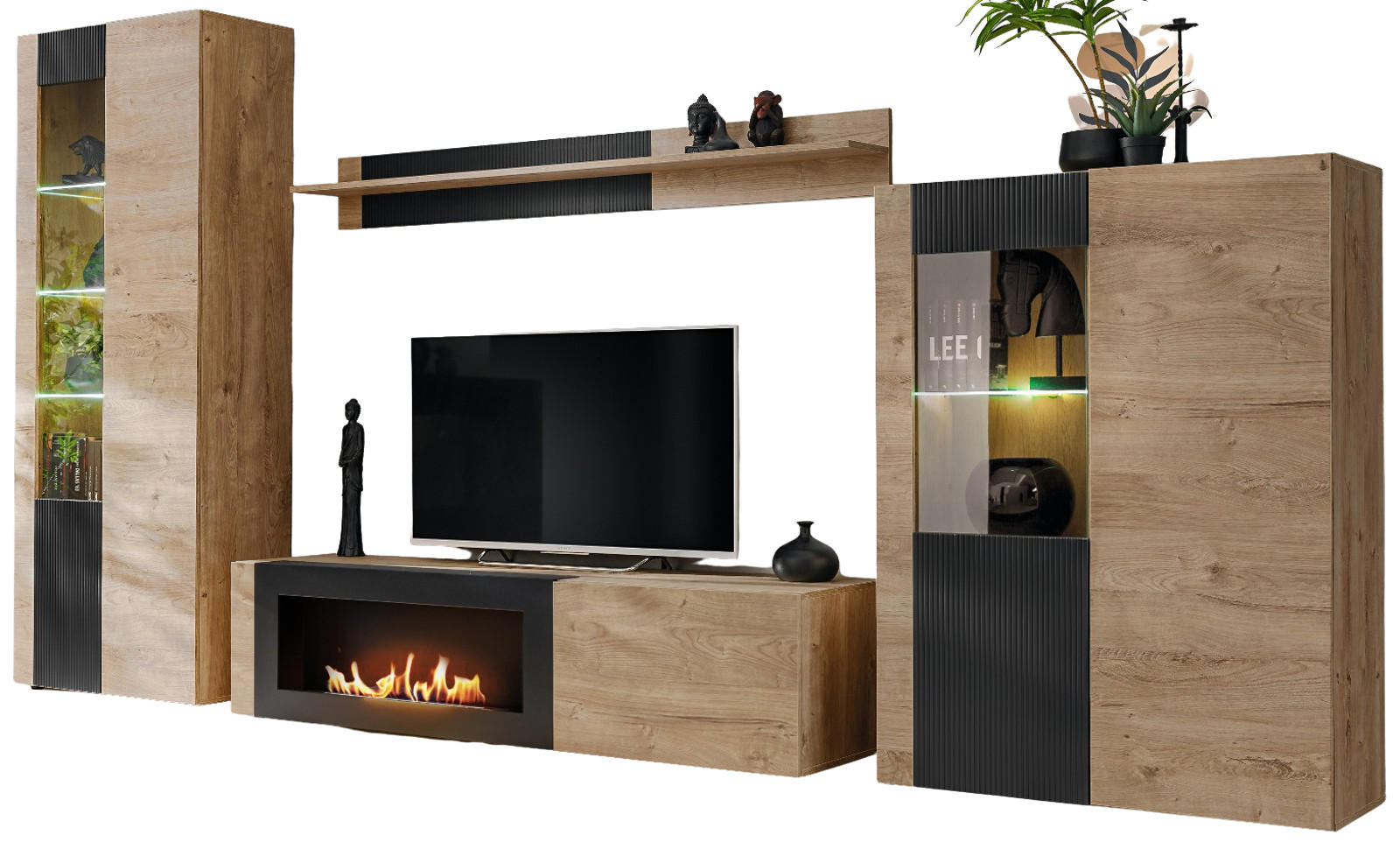 WOHNWAND Eiche, schwarz 4-teilig 350 cm, Schrankwand mit Kamin, inkl. Beleuchtung - Eichefarben/Schwarz, Glas/Holzwerkstoff (350/197/45cm) - Inn.Furn