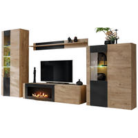 WOHNWAND Eiche, schwarz 4-teilig 350 cm, Schrankwand mit Kamin, inkl. Beleuchtung - Eichefarben/Schwarz, Glas/Holzwerkstoff (350/197/45cm) - Inn.Furn
