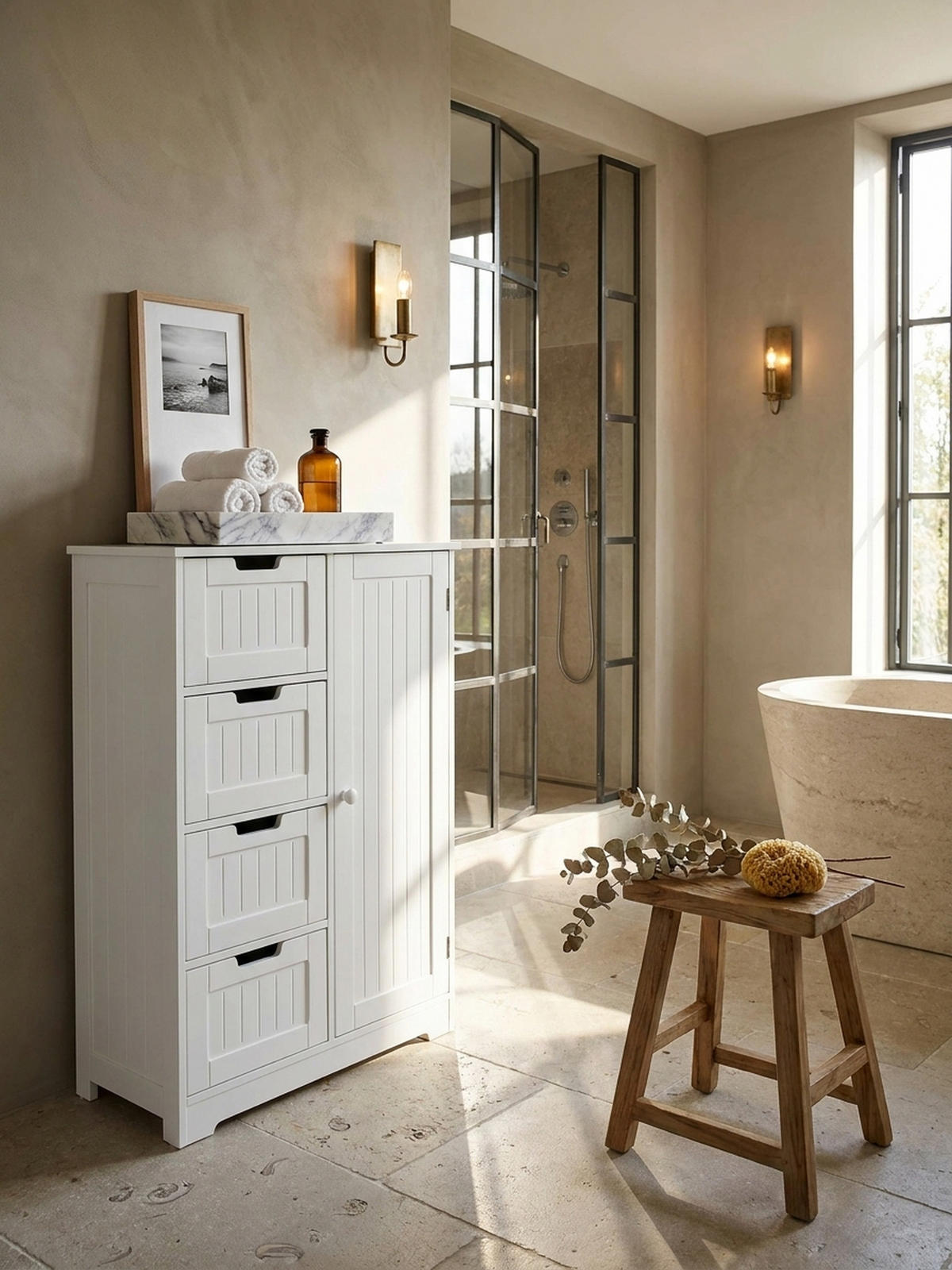 BADSCHRANK Weiß 30x83x30 cm im Landhausstil aus MDF mit 4 Schubladen - Weiß, Holz (56/83/30cm) - KADIMA DESIGN