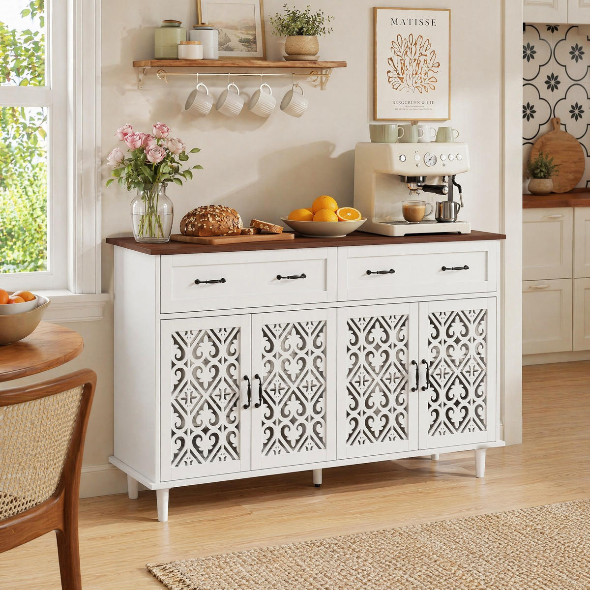 SIDEBOARD in Weiß Kommode mit 4 Türen, 2 Schubladen, geschnitzten Fronten und verstellbaren Einlegeböden, B150/T40/H90cm - Weiß, Holzwerkstoff/Metall (150/90.3/40cm) - STILVORA