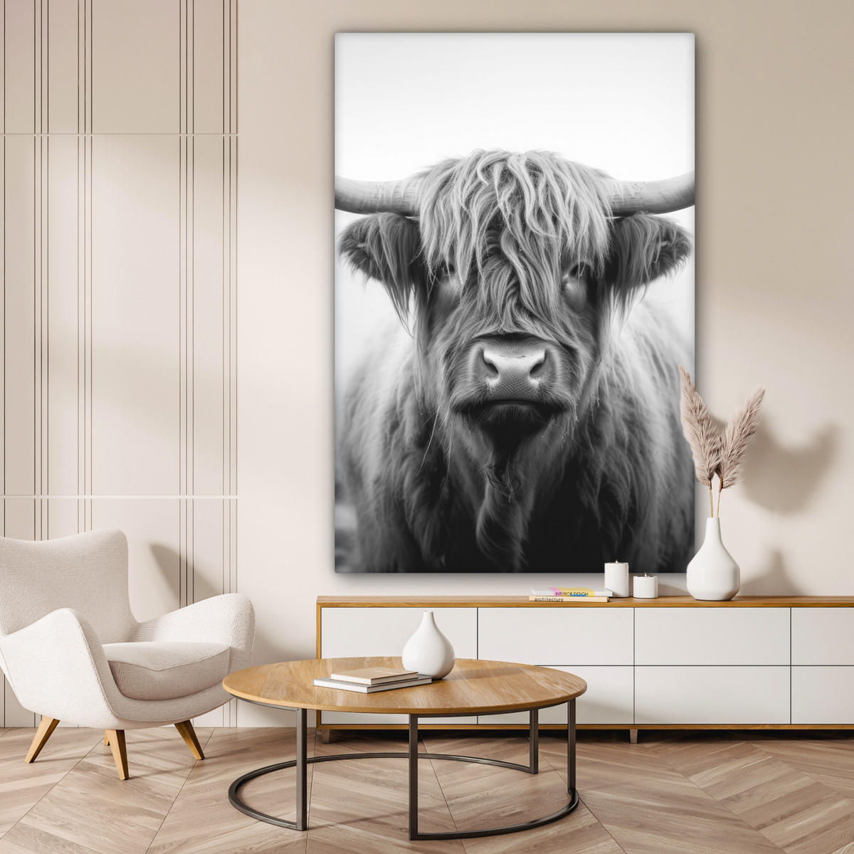 LEINWANDBILD Schottischer Highlander - Nebel - Schwarz - Weiß Deko Groß 90x140 cm - Grau, Textil (90/140cm) - MuchoWow