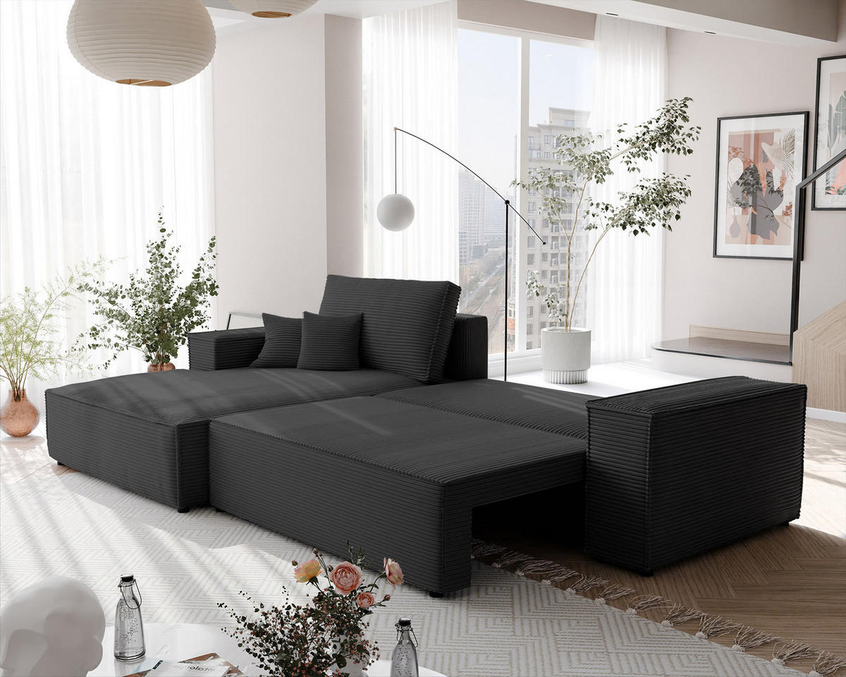 ECKSOFA NOVA mit Schlaffunktion und Bettkasten Anthrazit - Anthrazit, Holzwerkstoff/Kunststoff (250/90cm) - Idohome
