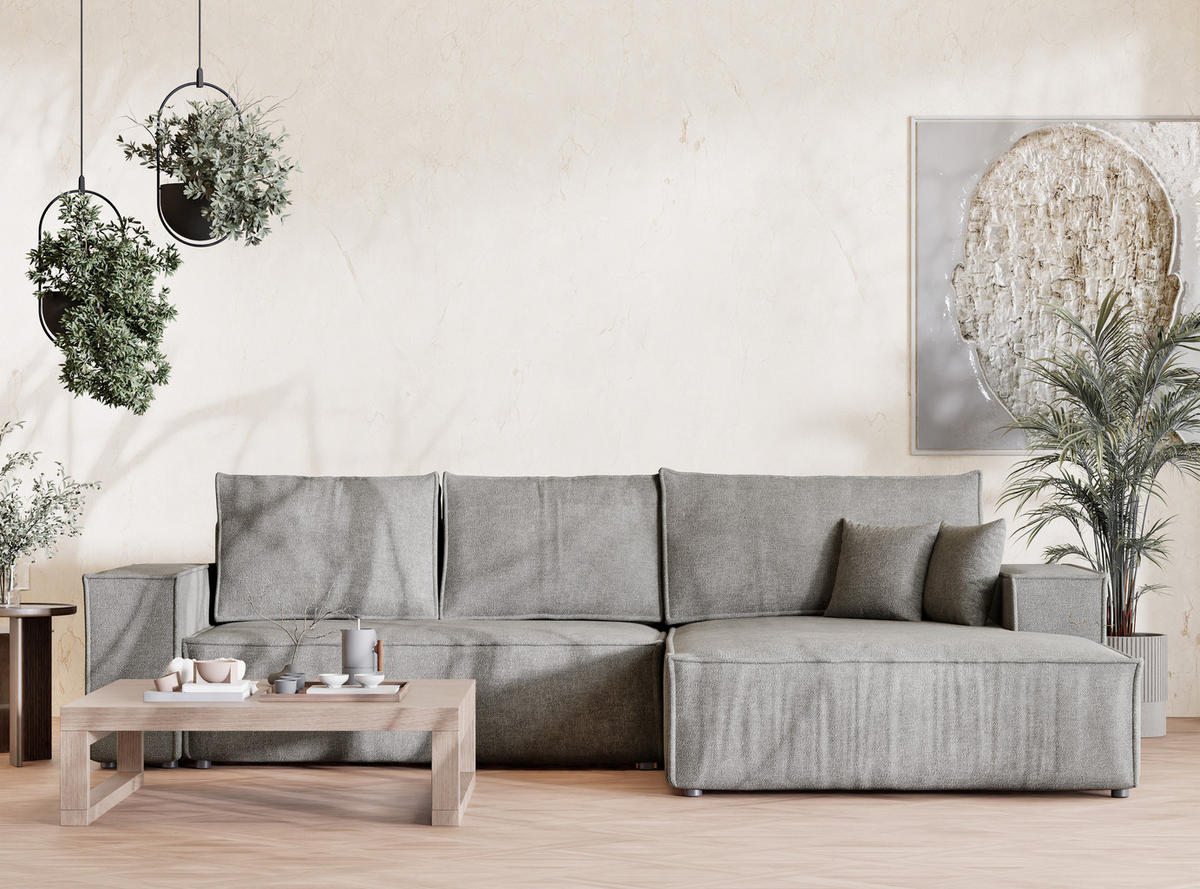 ECKSOFA Maze Beige grau Chenille-Stoff - Rechts Seite - Greige/Schwarz, Holz/Holzwerkstoff (294/185cm) - Maison de Reve